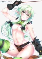 Rule 34 | 10s, 1girl, arm up, arrow (projectile), artist name, bad id, bad pixiv id, belt, black bow, blush, bow, bow (weapon), breasts, elf, gloves, goblin slayer!, green eyes, green hair, hair bow, hair censor, hair over breasts, hair ribbon, high elf archer (goblin slayer!), highres, holding, holding arrow, holding bow (weapon), holding weapon, long hair, looking at viewer, navel, on one knee, patreon username, pointy ears, rei kun, ribbon, shorts, sidelocks, simple background, small breasts, smile, solo, stomach, thighhighs, torn clothes, tress ribbon, weapon