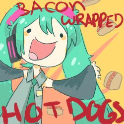 Rule 34 | 1girl, aqua hair, bacon, bad id, bad tumblr id, blouse, collared shirt, detached sleeves, eating, english text, food, green necktie, grey shirt, hatsune miku, headphones, hot dog, inactive account, long hair, necktie, neon trim, o o, open mouth, shirt, solo, sunburst, tongue, toyota, twintails, very long hair, vocaloid