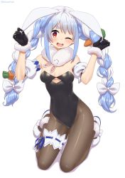 Rule 34 | 1girl, ;d, animal ear fluff, animal ears, arms up, bare shoulders, black gloves, black leotard, blue hair, bow, braid, breasts, carrot hair ornament, detached sleeves, don-chan (usada pekora), food-themed hair ornament, full body, fur-trimmed gloves, fur trim, gloves, groin, hair bow, hair ornament, highres, holding ears, hololive, kneeling, leotard, long hair, looking at viewer, mizunashi (second run), multicolored hair, one eye closed, open mouth, pantyhose, playboy bunny, puffy short sleeves, puffy sleeves, rabbit ears, red eyes, shadow, short eyebrows, short sleeves, small breasts, smile, strapless, strapless leotard, teeth, thick eyebrows, twin braids, twintails, two-tone hair, upper teeth only, usada pekora, usada pekora (1st costume), very long hair, virtual youtuber, white background, white bow, white hair, white sleeves