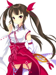 Rule 34 | 10s, 1girl, blush, brown hair, conception: ore no kodomo wo undekure!, detached sleeves, twirling hair, japanese clothes, long hair, miko, original, playing with hair, playing with own hair, red eyes, ruka (conception), simple background, solo, thighhighs, ttk (kirinottk), twintails, white background, white thighhighs