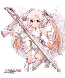 Rule 34 | 1girl, akino coto, blush, brown hair, highres, long hair, mecha shoujo taisen z, pink eyes, simple background, solo, twintails, white background, white wings, wings