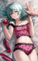 Rule 34 | 1girl, apple, aqua eyes, aqua hair, bed sheet, blush, breasts, cleavage, collarbone, commentary, cowboy shot, crop top, food, frilled panties, frills, fruit, green nails, hatsune miku, high heels, highres, holding, holding food, holding fruit, long hair, looking at viewer, medium breasts, nail polish, navel, o cha (seyc3447), off shoulder, on bed, open mouth, panties, pink footwear, pink panties, pink shirt, polka dot, polka dot panties, pov, red apple, romeo to cinderella (vocaloid), shirt, shoes, small breasts, solo, thighs, underwear, unworn shoes, vocaloid