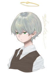 Rule 34 | 1boy, absurdres, arene (arknights), arknights, black necktie, black vest, closed mouth, collared shirt, cropped torso, eyebrows hidden by hair, green eyes, grey hair, hair between eyes, halo, highres, kaprice, male focus, necktie, shirt, simple background, solo, twitter username, upper body, vest, white background, white shirt