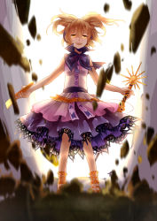 Rule 34 | 1girl, anklet, brown eyes, brown hair, earmuffs, female focus, ground shatter, headphones, holding, jewelry, looking at viewer, open mouth, outstretched arms, ritual baton, sash, shirt, short hair, skirt, sleeveless, sleeveless shirt, smile, solo, spread arms, standing, sword, touhou, toyosatomimi no miko, weapon, yetworldview kaze
