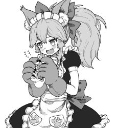 Rule 34 | 1girl, ^^^, animal ear fluff, animal ears, animal hands, apron, bell, blush, bow, breasts, collar, commentary, cowboy shot, embarrassed, fang, fate/grand order, fate (series), fox ears, fox girl, greyscale, hair between eyes, hair bow, hair ribbon, highres, kusama takato, looking away, maid apron, maid headdress, monochrome, neck bell, open mouth, paw print, ponytail, ribbon, shy, sidelocks, simple background, solo, tamamo (fate), tamamo cat (fate), tamamo cat (second ascension) (fate), tongue