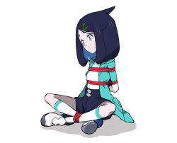 Rule 34 | 1girl, absurdres, arms behind back, black hair, black shorts, blue eyes, bound, closed mouth, coat, commentary request, cowlick, creatures (company), full body, game freak, green coat, hair ornament, hairclip, highres, kumo no ito, liko (pokemon), medium hair, nintendo, open clothes, open coat, pokemon, pokemon (anime), pokemon horizons, pokemon horizons, shirt, shoes, shorts, sitting, socks, solo, sweatdrop, tied up (nonsexual), white background, white footwear, white shirt, white socks