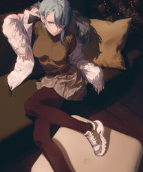 Rule 34 | 1girl, aqua eyes, aqua hair, asymmetrical hair, belt, breasts, brown skirt, brown sweater, closed mouth, coat, couch, fajyobore, from above, hair between eyes, hair over one eye, highres, indoors, looking at viewer, medium breasts, medium hair, miniskirt, original, pantyhose, pillow, pleated skirt, shoes, sitting, skirt, sleeves past wrists, smile, sneakers, sweater, sweater tucked in, upturned eyes, white coat