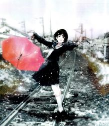Rule 34 | 1girl, balancing, female focus, mikimoto haruhiko, original, pleated skirt, railroad tracks, school uniform, serafuku, skirt, snow, snowing, solo, umbrella