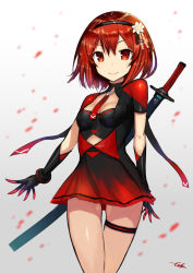 Rule 34 | 1girl, blurry, blurry background, breasts, cleavage cutout, clothing cutout, gia, gloves, hairband, looking at viewer, necktie, original, red eyes, red hair, short hair, small breasts, smile, solo, standing, thigh strap, two-tone dress, wind
