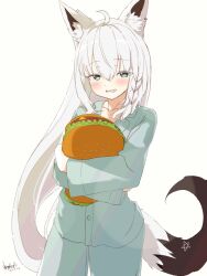 Rule 34 | 1girl, ahoge, animal ear fluff, animal ears, babinch, blush, braid, commentary request, earrings, food-themed pillow, fox ears, fox girl, fox tail, green eyes, green pajamas, grin, hair between eyes, highres, holding, holding pillow, hololive, jewelry, long hair, looking at viewer, pajamas, pentagram, pillow, shirakami fubuki, sidelocks, simple background, single braid, smile, solo, tail, virtual youtuber, white background, white hair