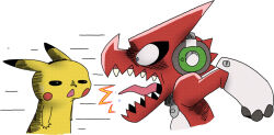 Rule 34 | angry, creatures (company), crossover, digimon, digimon (creature), game freak, gen 1 pokemon, headphones, looking at another, meme, nintendo, pikachu, pokemon, pokemon (creature), sharp teeth, shouting, shoutmon, teeth