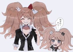 Rule 34 | 1girl, bear hair ornament, black shirt, blush, bow, breasts, cleavage, cosplay, cropped torso, danganronpa: trigger happy havoc, danganronpa (series), enoshima junko, enoshima junko (cosplay), facing viewer, freckles, grey background, grey eyes, grin, hair bow, hair ornament, ikusaba mukuro, large breasts, long sleeves, mikomi (90m5x), multiple views, nail polish, polka dot necktie, rabbit hair ornament, red bow, red nails, shirt, small breasts, smile, teeth, thought bubble, translation request, twintails, v, white bow