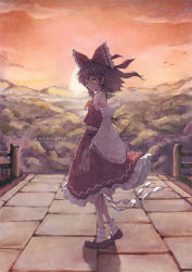 Rule 34 | 1girl, between fingers, black footwear, bow, brown hair, character name, cloud, commentary request, copyright name, detached sleeves, fence, frilled skirt, frills, from side, full body, gohei, hair bow, hair tubes, hakurei reimu, highres, holding, looking at viewer, mary janes, medium hair, mountainous horizon, ofuda, outdoors, pink sky, red bow, red skirt, red vest, satyuas, shoes, skirt, sky, socks, solo, sunrise, touhou, tree, vest, white socks, wind, yellow eyes, yellow neckwear