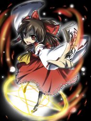 Rule 34 | 1girl, between fingers, bow, brown hair, detached sleeves, female focus, foreshortening, hakurei reimu, holding, japanese clothes, magic circle, miko, red eyes, rumia (compacthuman), short hair, solo, touhou