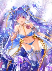 Rule 34 | 1girl, :d, absurdres, bad id, bad pixiv id, bare shoulders, bikini, blue bikini, blue hair, breasts, bubble, detached sleeves, fresa pie, hair ornament, halterneck, highres, index finger raised, jellyfish, jewelry, leg up, long hair, looking at viewer, medium breasts, navel, open mouth, original, puffy short sleeves, puffy sleeves, purple eyes, purple thighhighs, short sleeves, slippers, smile, solo, stomach, swimsuit, thighhighs, thighs, twintails, very long hair, water