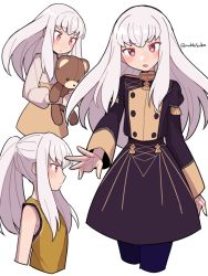 Rule 34 | 1girl, alternate costume, alternate hairstyle, black pantyhose, blush, buttons, closed mouth, do m kaeru, epaulettes, fire emblem, fire emblem: three houses, garreg mach monastery uniform, grey shirt, hair between eyes, holding, holding toy, juliet sleeves, long hair, long sleeves, looking at viewer, looking away, looking down, lysithea von ordelia, multiple views, nintendo, official alternate costume, open mouth, pantyhose, pink eyes, ponytail, puffy sleeves, shirt, sidelocks, simple background, skirt, sleeveless, sleeveless shirt, smile, sportswear, stuffed animal, stuffed toy, teddy bear, toy, twitter username, uniform, white background, white hair, yellow shirt, yellow skirt