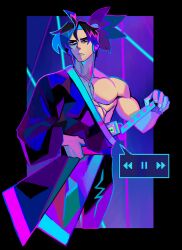 1boy absurdres black_border black_eyes black_hair border cassette_player cassette_tape denaseey hand_on_own_hip headphones highres japanese_clothes katana katana_zero korean_commentary muscular muscular_male pause_button ponytail single_bare_shoulder solo sword weapon zero_(katana_zero)