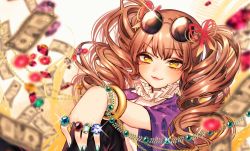 Rule 34 | 1girl, aqua nails, bracelet, brown hair, chain, coat, commentary request, dress, drill hair, eyewear on head, gem, hair ribbon, highres, jewelry, long hair, long sleeves, looking at viewer, mokokiyo (asaddr), money, nail polish, no headwear, open clothes, open coat, purple coat, red ribbon, ribbon, ring, smile, solo, sunglasses, touhou, twin drills, twintails, upper body, white background, white dress, wide sleeves, yellow eyes, yorigami jo&#039;on