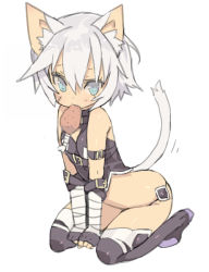 Rule 34 | 1girl, animal ears, bandages, bare shoulders, black gloves, black thighhighs, blade (galaxist), blue eyes, breasts, cat ears, cat tail, chicken (food), chicken leg, fate/apocrypha, fate (series), fingerless gloves, food, food in mouth, gloves, hair between eyes, jack the ripper (fate/apocrypha), kneeling, mouth hold, panties, scar, short hair, silver hair, simple background, small breasts, solo, string panties, tail, thighhighs, underwear, white background