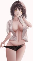 Rule 34 | 1girl, absurdres, ahoge, azur lane, baltimore (azur lane), black panties, breasts, brown hair, hand in own hair, highres, looking at viewer, medium breasts, medium hair, no nipples, open clothes, open shirt, panties, shirt, simple background, solo, standing, turbulence, underwear, white background, white shirt, yellow eyes