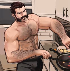 Rule 34 | 1boy, bara, beard, body hair, chest hair, cooking, dopey (dopq), facial hair, frying pan, graves (league of legends), highres, large pectorals, league of legends, looking at viewer, male focus, manly, muscular, nipples, pectorals, raised eyebrow, salt, simple background, sketch, solo, topless male