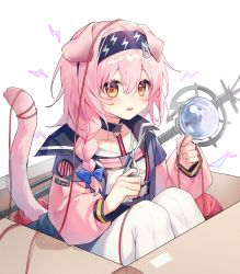 Rule 34 | 1girl, animal ears, arknights, black hairband, blue bow, bow, box, braid, cardboard box, cat ears, cat girl, cat tail, floppy ears, goldenglow (arknights), hair bow, hairband, highres, in box, in container, jacket, light blush, lightning bolt print, long hair, long sleeves, looking at viewer, multicolored clothes, multicolored jacket, open mouth, pink hair, pink jacket, print hairband, simple background, single braid, solo, staff, tail, thighhighs, two-tone jacket, white background, white thighhighs, yellow eyes, yunweishukuang