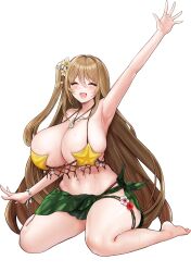 Rule 34 | 1girl, arm up, armpits, barefoot, bikini, blonde hair, breasts, cleavage, closed eyes, collarbone, flower, flower thigh strap, hair between eyes, hair flower, hair ornament, highres, huge breasts, jewelry, kelp, last origin, leaf bikini, long hair, looking at viewer, mel (dodosae), navel, necklace, net, official alternate costume, official art, one side up, open mouth, pink flower, red flower, salacia (last origin), sarong, seashell, seashell bracelet, seaweed, shell, shell necklace, simple background, sitting, skindentation, smile, solo, starfish bikini, string bikini, sweat, swimsuit, tachi-e, thigh strap, third-party source, transparent background, wariza, waving, white flower, yellow flower