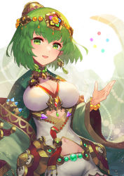 Rule 34 | 1girl, absurdres, bracelet, breasts, cleavage, cleavage cutout, clothing cutout, commentary, earrings, gem, green eyes, green hair, hair bun, hair ornament, highres, jewelry, large breasts, lips, long sleeves, nakamura eight, necklace, open mouth, puzzle &amp; dragons, rushana (p&amp;d), short hair, single hair bun, smile, solo focus