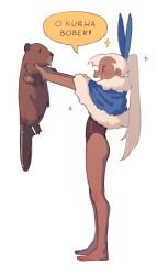 Rule 34 | 1girl, animal, animal ears, barefoot, beaver, blue capelet, blush, capelet, commentary, dark-skinned female, dark skin, english commentary, from side, full body, fur-trimmed capelet, fur trim, highres, holding, holding animal, kurwa bober (meme), leotard, long hair, looking at animal, meme, noemi alter (piku184), open mouth, original, piku184, polish text, ponytail, profile, rabbit ears, simple background, smile, solo, sparkle, speech bubble, standing, translated, very long hair, white background