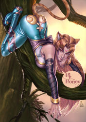 Rule 34 | animal ear fluff, animal ears, animal print, ass, bodysuit, branch, breasts, commentary, cric, detached sleeves, english commentary, forehead jewel, legend of the cryptids, long hair, lying, medium breasts, nara haramaung, nijisanji, nijisanji id, orange eyes, orange hair, parted bangs, tail, tiger ears, tiger girl, tiger print, tiger tail, virtual youtuber