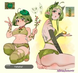 Rule 34 | 2girls, ahoge, ass, bare shoulders, barefoot, branch, breasts, brown eyes, commentary, crop top, english commentary, feet, foreshortening, from behind, from side, green hair, green shorts, hands up, highres, holding, holding branch, horns, korok, makeup, mask, mask on head, medium breasts, multiple girls, navel, nintendo, on one knee, open mouth, patreon username, personification, pointy ears, reference inset, short hair, short hair with long locks, shorts, snegovski, soles, the legend of zelda, the legend of zelda: tears of the kingdom, thick eyebrows, thighs, toes, underboob, underbutt, watermark, web address