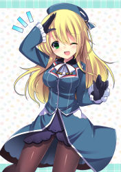 Rule 34 | 10s, 1girl, ;d, atago (kancolle), black gloves, black pantyhose, blonde hair, blush, breasts, gloves, green eyes, hat, jacket, kantai collection, long hair, medium breasts, military, military jacket, military uniform, one eye closed, open mouth, pantyhose, personification, salute, skirt, smile, snow (gi66gotyo), solo, uniform, wink