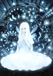 Rule 34 | 1girl, black eyes, blue theme, closed mouth, dress, fairy wings, hands on own chest, highres, long hair, looking at viewer, original, sakimori (hououbds), short sleeves, solo, very long hair, white hair, wide sleeves, wings