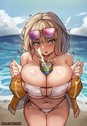 Rule 34 | 1girl, :o, absurdres, anis (nikke), anis (sparkling summer) (nikke), artist name, bare shoulders, beach, between breasts, bikini, blonde hair, blush, breasts, breasts squeezed together, can, chance8000, cleavage, day, eyepatch bikini, eyewear on head, goddess of victory: nikke, heart, highres, jacket, jewelry, large breasts, navel, necklace, ocean, off-shoulder jacket, off shoulder, official alternate costume, open mouth, orange jacket, pink-tinted eyewear, short hair, side-tie bikini bottom, skindentation, solo, string bikini, sunglasses, swimsuit, thigh gap, tinted eyewear, twitching, water, white bikini, yellow eyes