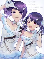 Rule 34 | black hair, collarbone, commentary request, detached collar, diagonal bangs, dress, earrings, fukumaru koito, gloves, hair ornament, hair ribbon, hairclip, highres, idolmaster, idolmaster shiny colors, jewelry, kumano09 (yaecha0), layered skirt, off shoulder, open mouth, purple eyes, purple hair, red eyes, ribbon, side ponytail, single bare shoulder, skirt, tanaka mamimi, tongue, tongue out, twintails, white dress, white gloves, white ribbon