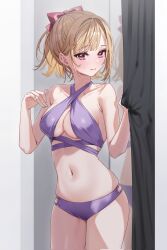 Rule 34 | 1girl, bare arms, bare shoulders, bikini, blonde hair, blush, bow, breasts, changing room, chigusa minori, cleavage, closed mouth, collarbone, commentary request, corrupted twitter file, cowboy shot, hair bow, hair ornament, hands up, highres, jitsu wa imouto deshita., large breasts, long hair, looking at viewer, navel, novel illustration, official art, pink bow, ponytail, purple bikini, purple eyes, smile, solo, stomach, swimsuit, thighs, ueda hinata