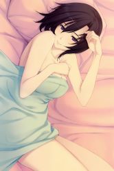 Rule 34 | 1girl, absurdres, bed, bed sheet, black hair, blanket, blue eyes, breast hold, breasts, caucasus, cleavage, closed mouth, covering privates, cowboy shot, female focus, from above, hair between eyes, head tilt, highres, kirihara souko, large breasts, legs, lips, looking at viewer, lying, naked sheet, nude, nude cover, on side, pillow, short hair, smile, solo, sugina miki