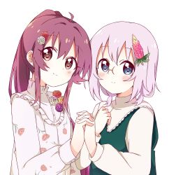 Rule 34 | 2girls, absurdres, ahoge, blue eyes, blush, closed mouth, commentary request, dress, floral print, flower, food-themed hair ornament, glasses, green dress, hair between eyes, hair flower, hair ornament, highres, holding hands, ikeda chitose, interlocked fingers, light purple hair, long hair, long sleeves, looking at viewer, mesushio, multiple girls, ponytail, print dress, purple eyes, purple flower, purple hair, red flower, short hair, simple background, smile, sugiura ayano, upper body, white background, white dress, white flower, yellow flower, yuru yuri