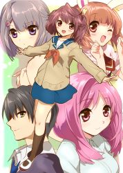 Rule 34 | 4girls, absurdres, animal ears, bad id, bad pixiv id, black hair, blush, brown hair, rabbit ears, green eyes, hair ornament, highres, multiple girls, open mouth, original, outstretched arms, pink eyes, pink hair, purple eyes, purple hair, school uniform, short hair, sketch, skirt, smile, spread arms, standing, tokira nozumi, wink