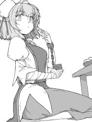 Rule 34 | 1girl, :t, bandages, bandaged arm, bandages, bun cover, chain, commentary request, cuffs, cup, double bun, eating, food, from side, greyscale, highres, holding, holding food, ibaraki kasen, looking at viewer, monochrome, puffy sleeves, seiza, shackles, shirt, short hair, short sleeves, sitting, skirt, solo, sunatoshi, tabard, table, touhou, white background, white shirt