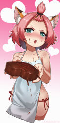 Rule 34 | 1girl, absurdres, animal ear fluff, animal ears, apron, bangs pinned back, bare shoulders, breasts, candy, carbon12th, cat ears, cat girl, chocolate, chocolate heart, collarbone, diona (genshin impact), female focus, food, forehead, genshin impact, green eyes, heart, highres, looking at viewer, naked apron, open mouth, parted bangs, pink background, pink hair, small breasts, solo, thighs, valentine, white background