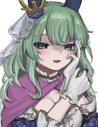 blue_hair capelet commentary commission crown english_commentary gloves green_eyes green_hair hand_on_own_cheek hand_on_own_face highres horns indie_virtual_youtuber looking_at_viewer multicolored_hair open_mouth simple_background slepp smile solo streaked_hair upper_body white_background white_gloves