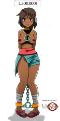 Rule 34 | 1girl, ajna (indivisible), ass, bdsm, blush, breasts, chain, dark skin, dark-skinned female, female focus, indivisible, nipples, okamisaga, restrained, sandals, simple background, slave, solo, sweat, tagme