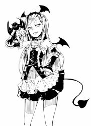 Rule 34 | 10s, 1girl, bar (place), bare shoulders, detached sleeves, dimension w, dress, elizabeth greenhough-smith, flat chest, frills, grin, hair ornament, hairband, highres, long hair, monochrome, open mouth, smile, tail, wings
