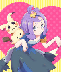 Rule 34 | 1girl, :3, acerola (pokemon), armlet, ayatori (sensei heroism), bare arms, bent over, blue eyes, closed mouth, collarbone, costume, creatures (company), dress, elite four, eyelashes, fingernails, flat chest, flipped hair, game freak, gen 7 pokemon, hair ornament, heart, leaning forward, looking away, looking to the side, mimikyu, nintendo, pikachu costume, pokemon, pokemon (creature), pokemon sm, polka dot, purple hair, short hair, short sleeves, smile, standing, stitches, striped, striped background, tareme, topknot, torn clothes, torn dress, torn sleeves, trial captain, z-move