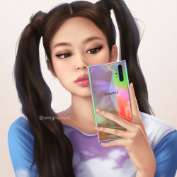 Rule 34 | 1girl, blackpink, brown eyes, brown hair, camera phone, facing viewer, jennie (blackpink), lips, long hair, portrait, reflection, solo, twintails, umigraphics, white background