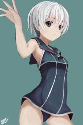 Rule 34 | 10s, 1girl, arm up, armpits, bare shoulders, dress, eyebrows, green background, green eyes, kantai collection, light smile, looking at viewer, no headwear, no headwear, sailor collar, sailor dress, short hair, solo, thighhighs, white hair, yanagi wakana, z1 leberecht maass (kancolle)