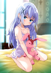 Rule 34 | 1girl, absurdres, barefoot, bed, blue eyes, blue hair, blurry, blurry background, blush, closed mouth, collarbone, commentary request, day, depth of field, dress, fingernails, gochuumon wa usagi desu ka?, hair between eyes, hair ornament, head tilt, highres, indoors, kafuu chino, long hair, mousou (mousou temporary), on bed, pillow, seiza, sidelocks, sitting, sleeveless, sleeveless dress, soles, solo, stuffed animal, stuffed rabbit, stuffed toy, sunlight, very long hair, white dress, window, x hair ornament