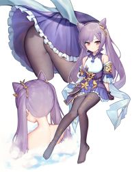 Rule 34 | 1girl, absurdres, artist request, ass, bare shoulders, black pantyhose, breasts, clothes pull, cone hair bun, dress, from behind, genshin impact, gloves, hair bun, hair ornament, highres, keqing (genshin impact), long hair, looking at viewer, multiple views, pantyhose, purple eyes, purple hair, short dress, skirt, solo, twintails, very long hair