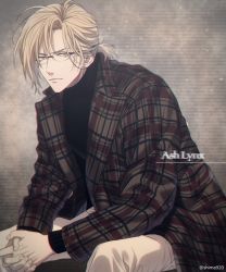 Rule 34 | 1boy, ash lynx, banana fish, black sweater, blonde hair, brown pants, character name, closed mouth, commentary request, glasses, green eyes, own hands clasped, interlocked fingers, jacket, looking at viewer, male focus, mashima shima, open clothes, open jacket, own hands together, pants, plaid, plaid jacket, serious, short hair, sitting, solo, sweater, twitter username